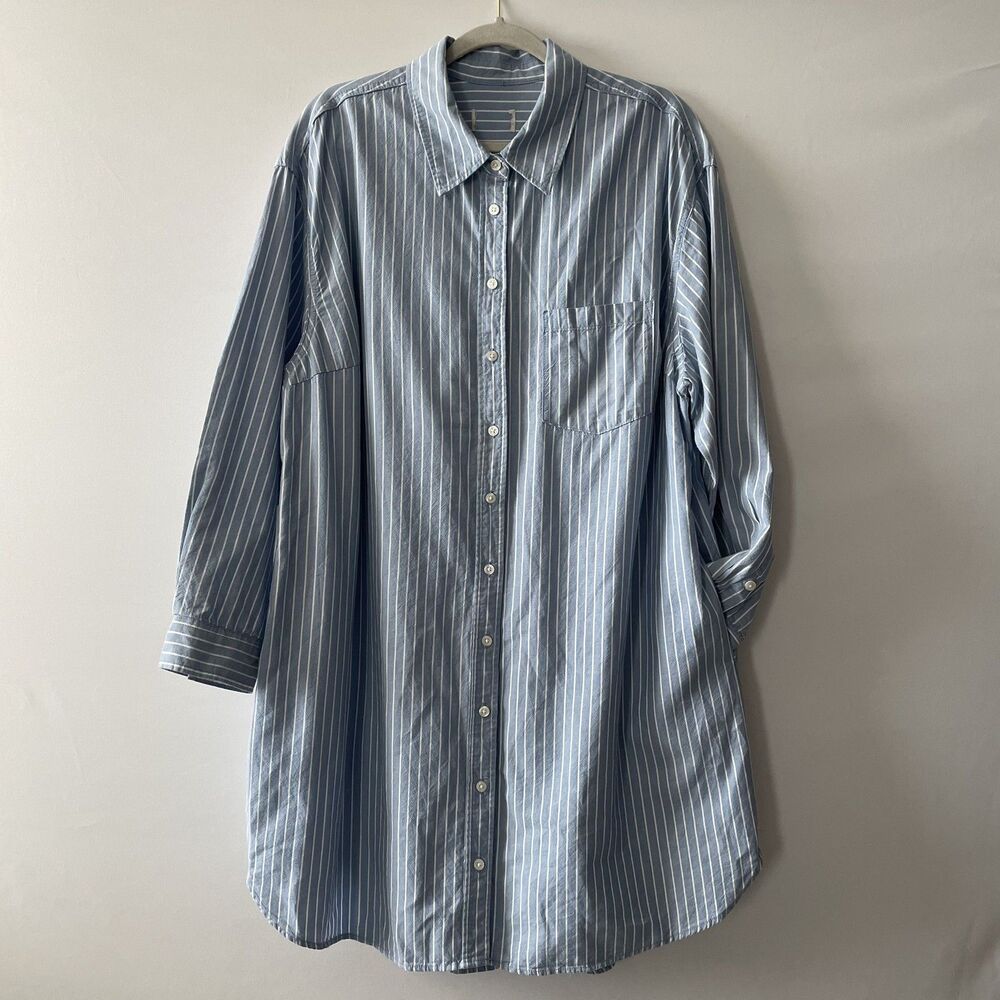 Women's Tunic Shirt Dress Blue White Striped Long Sleeve Cotton Est Size XXL-C